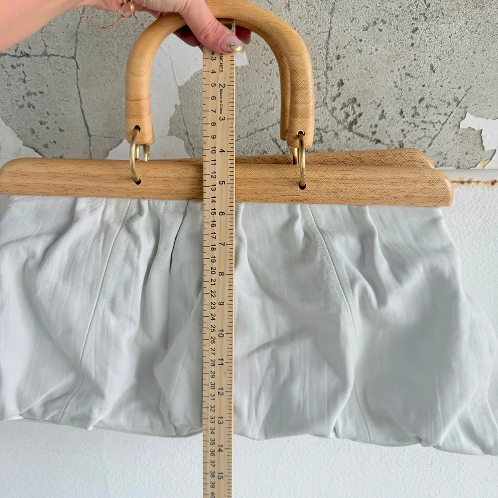 Vtg Adrienne Vittadini Leather Handbag Wood Handle Frame Bag White Vintage Purse